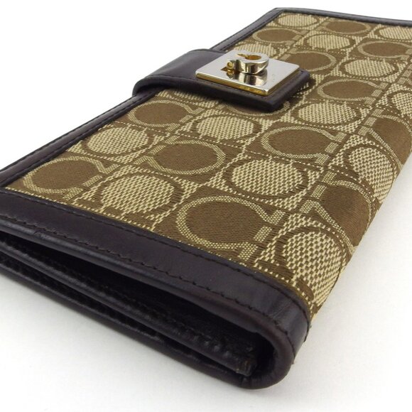 Salvatore Ferragamo Long Wallet Gantini Beige Canvas ?~ Leather USED L3109 - Picture 3 of 7
